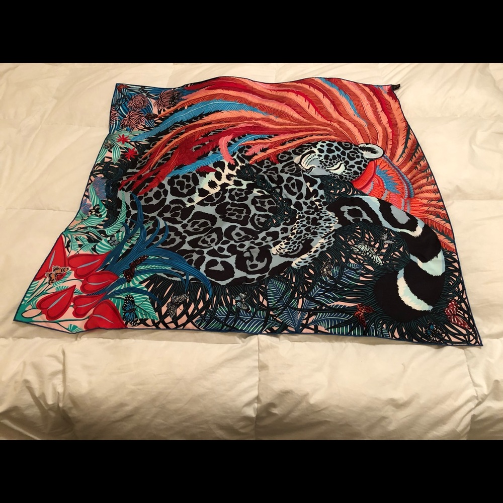 Hermès Silk Jaguar Quetzal Scarf Rose Blue Vert